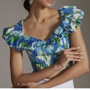 Maeve Anthropologie Blue Green Smocked Crop Top XXSP